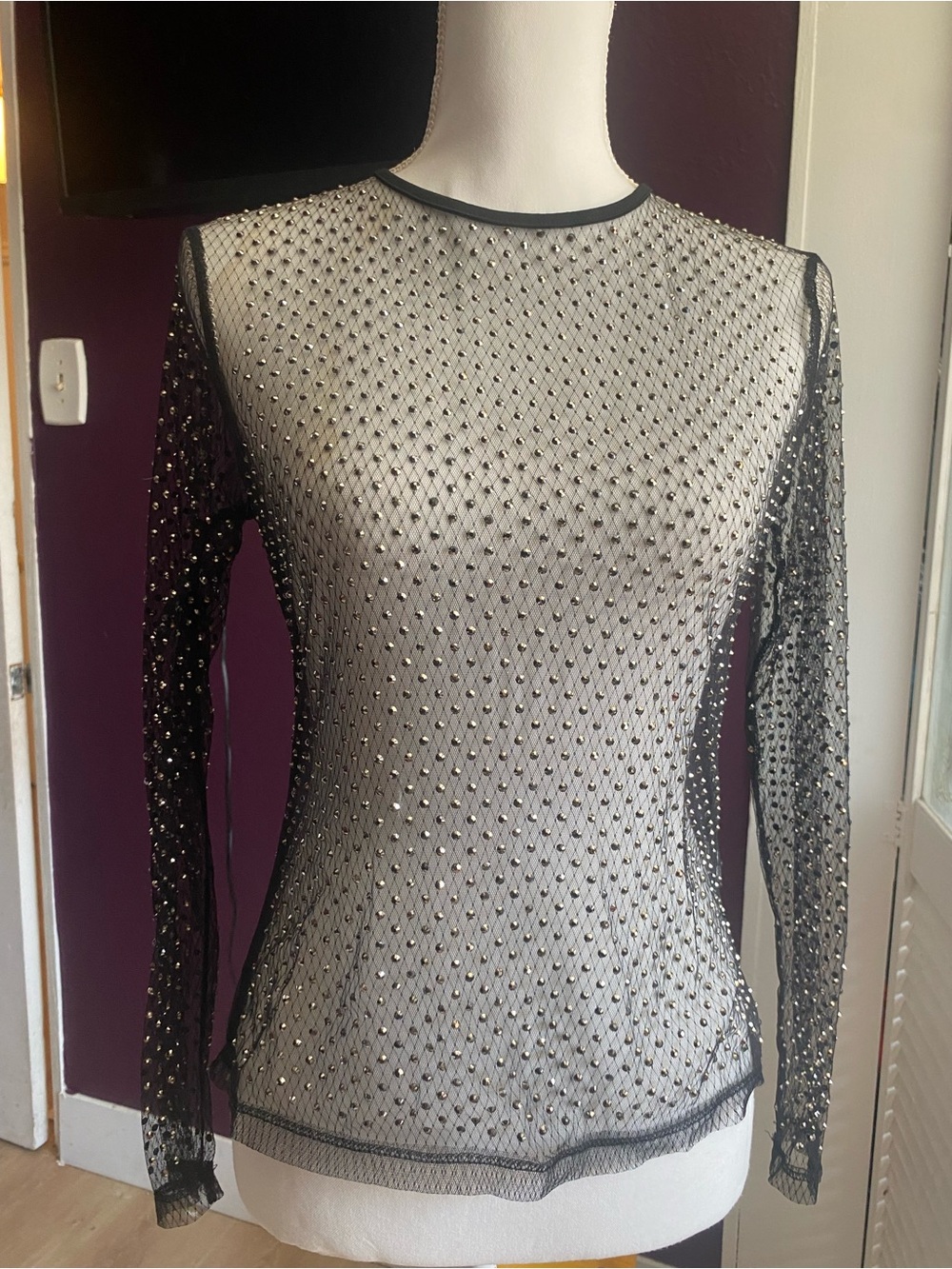 Embellished Black Sheer Long-Sleeve Mesh Top
